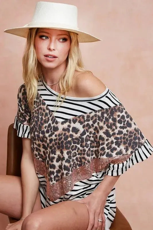 BiBi Stripe Rayon Span Knit Color Block Top With Leopard - Love Salve